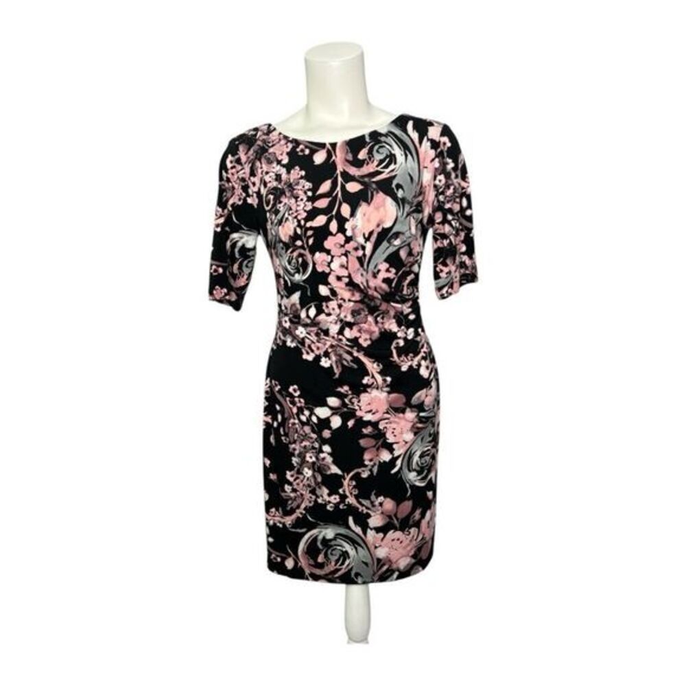 Connected Floral Black and Pink Sheath Stretch Dress Sz 4P 4 Petite NEW